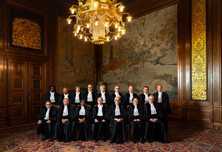 	Members and Registrar of the International Court of Justice in the Japanese Room of the Peace Palace in November 2025