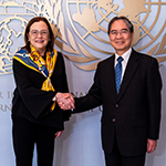 HE Judge Iwasawa Yuji, President of the Court welcome HE Ms Alexandra Hill Tinoco, Minister of Foreign Affairs of El Salvador