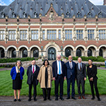 Visit of a delegation of judges from the International Tribunal for the Law of the Sea (ITLOS) to the International Court of Justice (ICJ) Left to right: Ms Ximena Hinrichs Oyarce, Registrar of ITLOS; Judge Roman Kolodkin, a Member of ITLOS; Judge Neeru Chadha, Vice-President of ITLOS; Judge Tomas Heidar, President of ITLOS; Judge José Luis Jesus, a Member of ITLOS; Mr Philippe Gautier, ICJ Registrar; Judge Kathy-Ann Brown, a Member of ITLOS