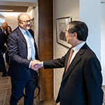 Judge Iwasawa Yuji, ICJ President, greets Judge Tomas Heidar, President of ITLOS, and his accompanying delegation