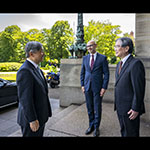 HM Emperor Naruhito of Japan is greeted by HE Judge Iwasawa Yuji, President of the International Court of Justice (right), and  by HE Mr Marcin Czepelak, Secretary-General of the PCA (middle), on the steps of the Peace Palace