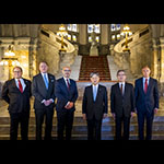 From left to right: HE Mr Martin Doe and HE Mr Garth Schofield, Deputy Secretaries-General of the PCA; HE Mr Marcin Czepelak, Secretary-General of the PCA; HM Emperor Naruhito of Japan; HE Judge Iwasawa Yuji, President of the ICJ; HE Mr Philippe Gautier, Registrar of the ICJ