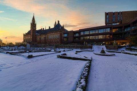 Peace Palace in The Hague in the snow